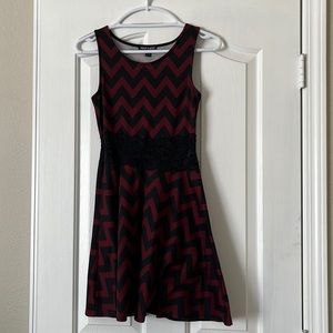 Red And Black Chevron Mid-Length Dress With Lace Detail